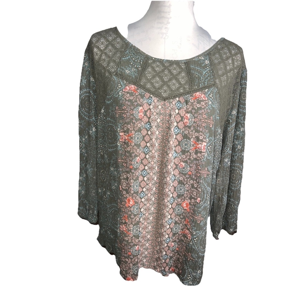 Mason‎ & Belle Boho Sheer Lace Geometric Crepe Stretchy Tunic Keyhole Back 1X